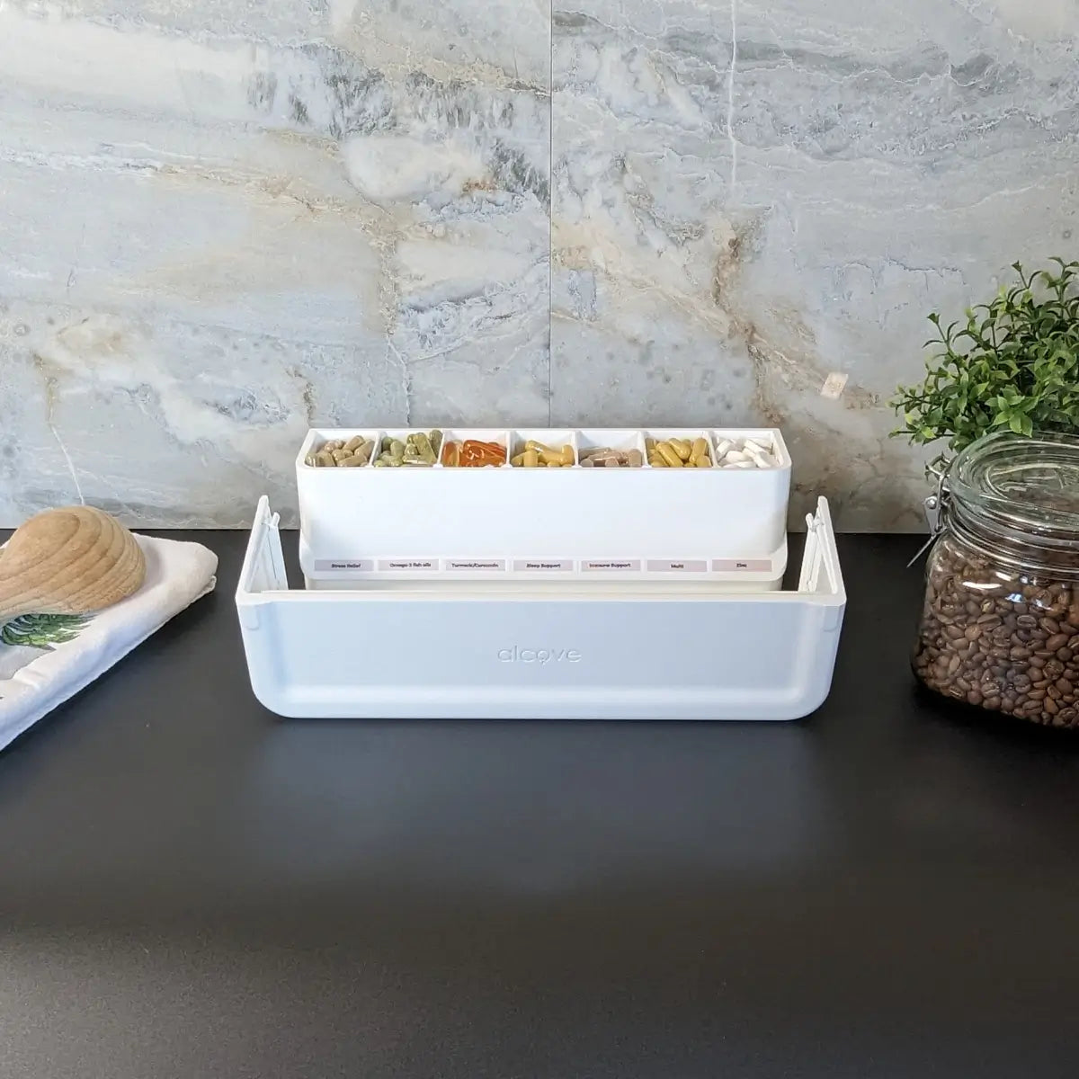 Alcove is the perfect pill organizer for all your supplements and medications. Its minimalist design works in any home decor. 